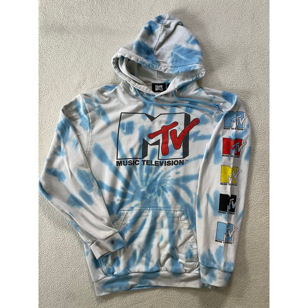 MTV Mens Small Hoodie Blue Tie Dye Graphic Music Television Logo Sweatshirt